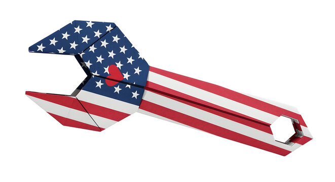 Folded paper origami wrench with printed USA flag texture and heart symbol isolated on white background