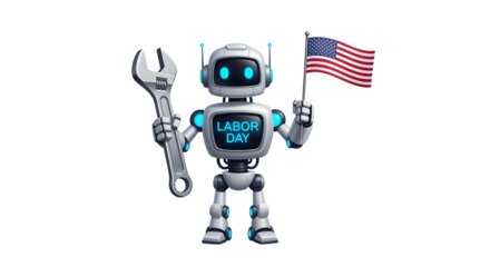 Friendly robot holding a wrench and flag with Labor Day typed on its chest digital era tribute isolated on white background