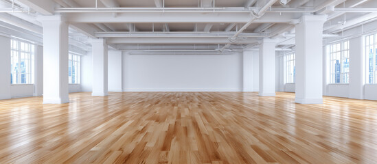 Empty modern loft showing large windows and wooden floor