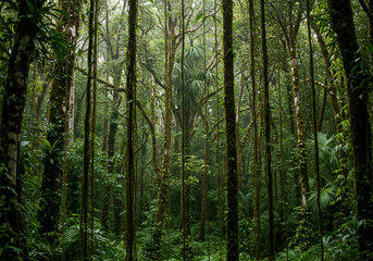 Fototapeta premium Tropical Rainforest with Hanging Vines and Dense Green Foliage