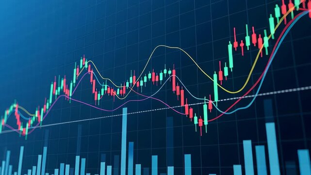 Stock Market Chart Bar Graph Depicts Red and Green Lines on Blue Backdrop Illustrating Investment Trends
