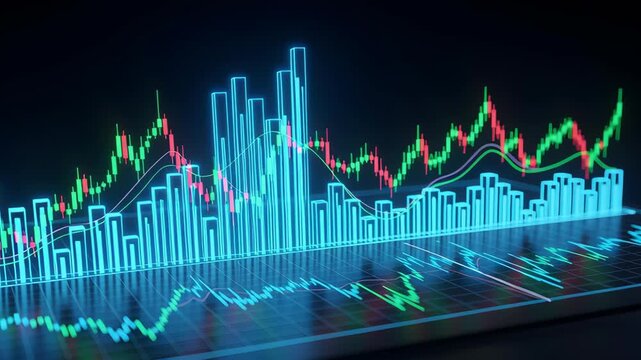 Stock Market Data Abstract Representation With Glowing Blue Red and Green Trends on a Dark Background