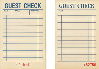 Vintage blank restaurant guest check sheets with blue table lines and red serial numbers, isolated on transparent background, retro paper texture