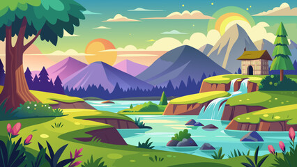 Obraz premium Vector art of picturesque mountain valley with a winding river, cascading waterfall, and a small cabin, bathed in warm sunrise light