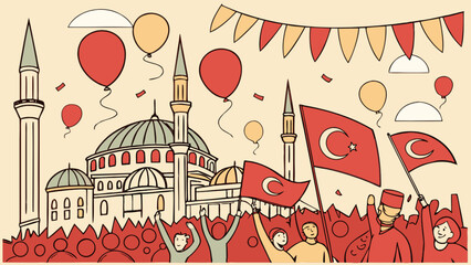 Celebrate turkish republic day illustration with flags balloons and mosque vector graphic design