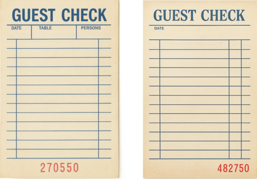 Vintage blank restaurant guest check sheets with blue table lines and red serial numbers, isolated on transparent background, retro paper texture