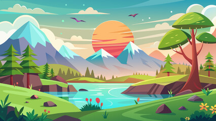 Naklejka premium Vector art of idyllic cartoon landscape showcasing majestic snowcapped mountains, a tranquil river, and lush greenery under a dramatic sunset sky with birds in flight