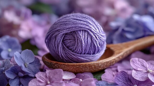 Purple Yarn Ball on Wooden Spoon Among Hydrangea Flowers &mdash; Cozy Craft Scene