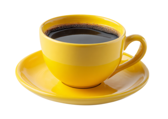 Bright yellow coffee cup with dark coffee and foam on saucer