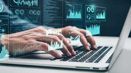 Person typing on a laptop with holographic data visualizations - Powered by Adobe