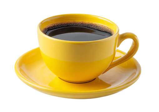 Bright yellow coffee cup with dark coffee and foam on saucer