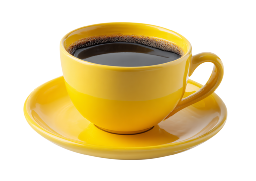 Bright yellow coffee cup with dark coffee and foam on saucer
