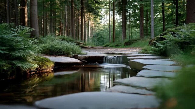Serene forest path featuring a small waterfall cascading over flat stones into a tranquil pool, surrounded by lush ferns and towering trees