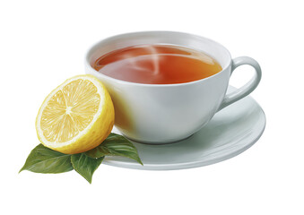 Steaming hot tea with fresh lemon slice and leaves