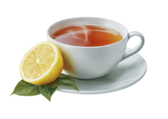 Steaming hot tea with fresh lemon slice and leaves