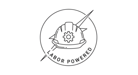 Minimal line art badge with gear hard hat and lightning bolt labeled Labor Powered isolated on white background