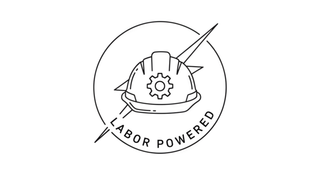 Minimal line art badge with gear hard hat and lightning bolt labeled Labor Powered isolated on white background