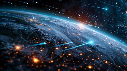 Obraz premium Earth seen from space during a meteor shower for cinematic science fiction projects.