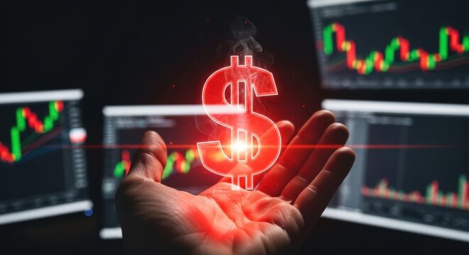 Man's hand holding a glowing dollar symbol. Financial trading concept with blur stock market charts showing growth and fall for investment.