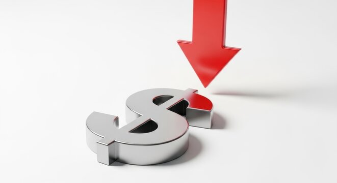 Red arrow pointing down at silver dollar sign. Dollar decrease, financial crisis. Currency fall, money decline in market. - Powered by Adobe