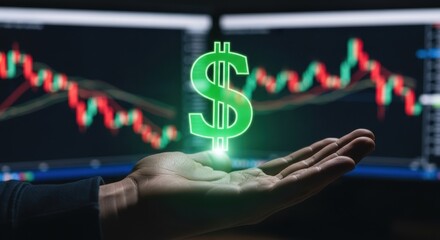 Hand holding a glowing dollar symbol. Financial trading data and charts in the blurred background. Investment and money savings concept.