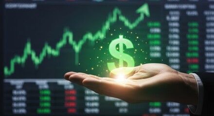 Man holding a glowing green dollar sign in his hand, with a financial graph showing growth in the background. Investment and profit concept.