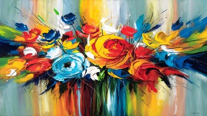  abstract painting of flowers in bold, expressive brushstrokes in reds, yellows, blues, and turquoise, creating  burst of color and texture.