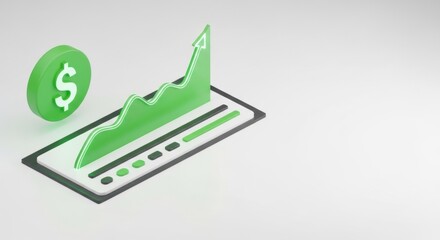 Green dollar sign coin with rising graph showing growth on a tablet screen. Financial increase concept for investment.