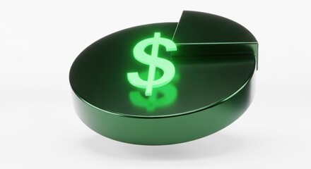 Green dollar sign on a dark pie chart with removed segment, representing financial growth or loss in investment and economy.