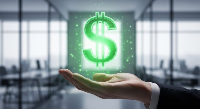 Man hand holding virtual glowing dollar sign. Successful investment concept. Marketing income finance symbol for bank or business.