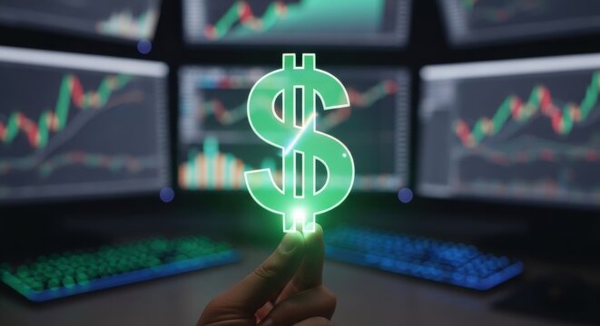 Hand of a man holding a glowing dollar symbol. Financial trading display background with stock charts. Concept of investment, currency growth, online exchange.
