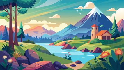 Fototapeta premium Vector art of vibrant cartoon landscape with a winding river flowing through a lush green valley towards majestic snowcapped mountains under a bright, cloudy sky