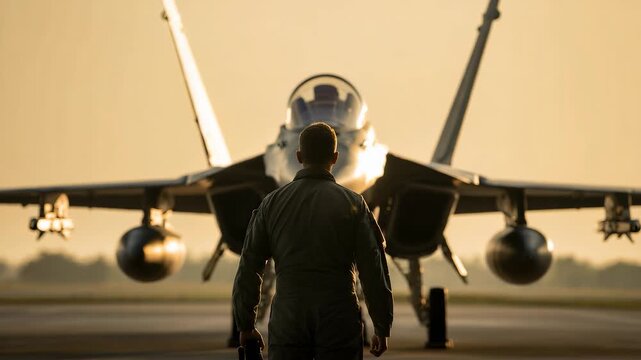 Military pilot walking towards fighter jet aircraft on runway during golden hour with dramatic backlight and aviation silhouette scene

