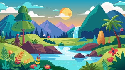 Vector art of vibrant cartoon landscape with a flowing river, majestic mountains, a cascading waterfall, lush green hills, and colorful flora under a bright sun and cloudy sky