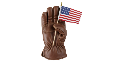 Realistic brown leather work gloves holding a miniature flag posed like a salute isolated on white background