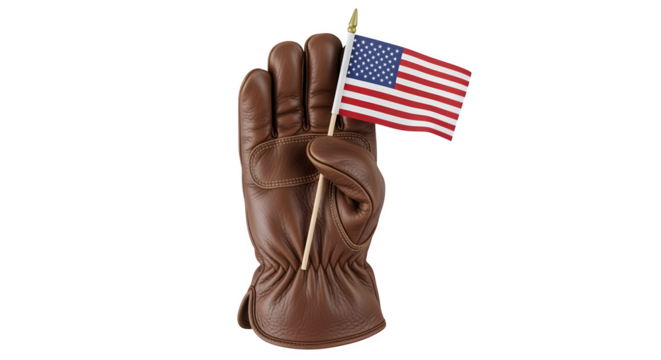 Realistic brown leather work gloves holding a miniature flag posed like a salute isolated on white background