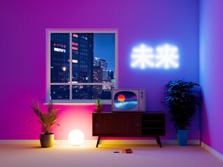 vaporwave neon tv interior