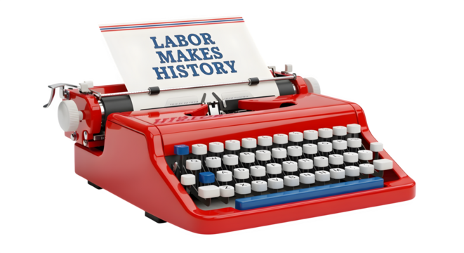 Retro typewriter with paper reading labor makes history decorated in patriotic colors isolated on white background