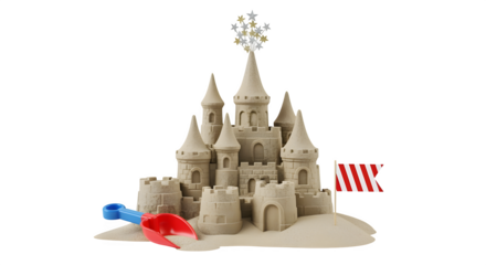 Sandcastle with shovel and stars on top and a small worker flag planted on side holiday beach theme isolated on white background