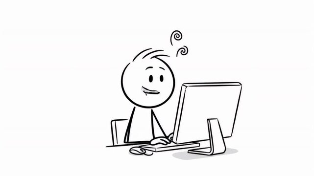 Delighted Stick Figure Interacting with Computer Device on White Backdrop Depicting Modern Digital Age Conceptualized in Monochrome Line Art Perfect for Presentations and Educational Materials stick