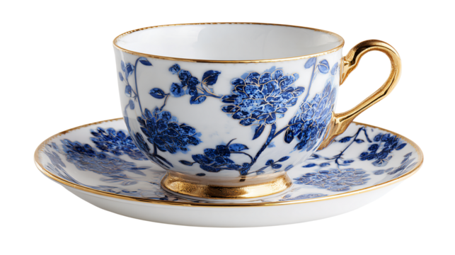 Elegant blue floral teacup and saucer with gold trim - Powered by Adobe