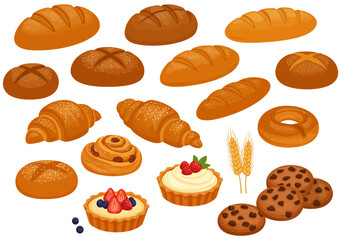 Variety of breads pastries tarts cookies and wheat stalks