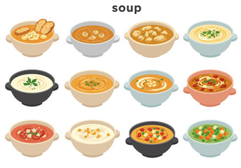 Twelve bowls of diverse soups are arranged in rows