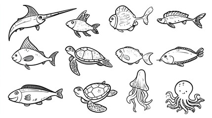 Cute cartoon sea creatures coloring page with simple black lines