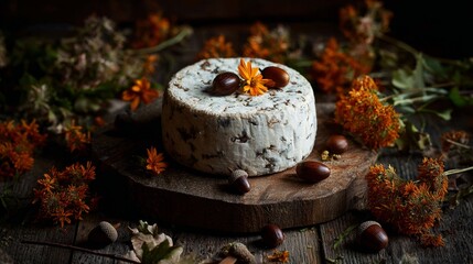 Artisan cheese wheel with scattered acorns and orange foliage. Rustic autumn harvest aesthetic
