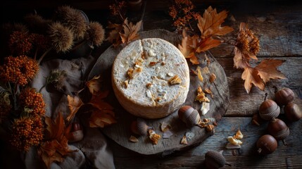 Artisan cheese wheel with scattered acorns and orange foliage. Rustic autumn harvest aesthetic