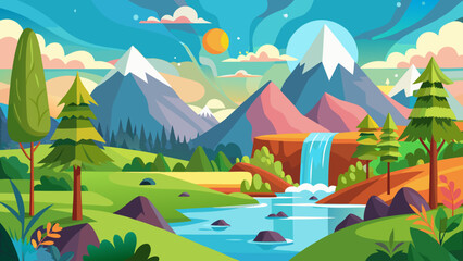 Fototapeta premium Vector art of vibrant flat illustration of a serene mountain landscape with a flowing river, cascading waterfall, lush green hills, and a bright sun in a clear blue sky with fluffy clouds