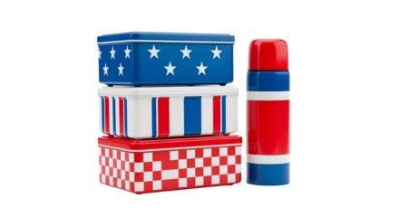 Stack of lunchboxes painted in retro red white and blue design with thermos beside isolated on white background