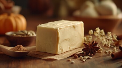 Creamy butter block on wooden surface with pumpkin spice on wood