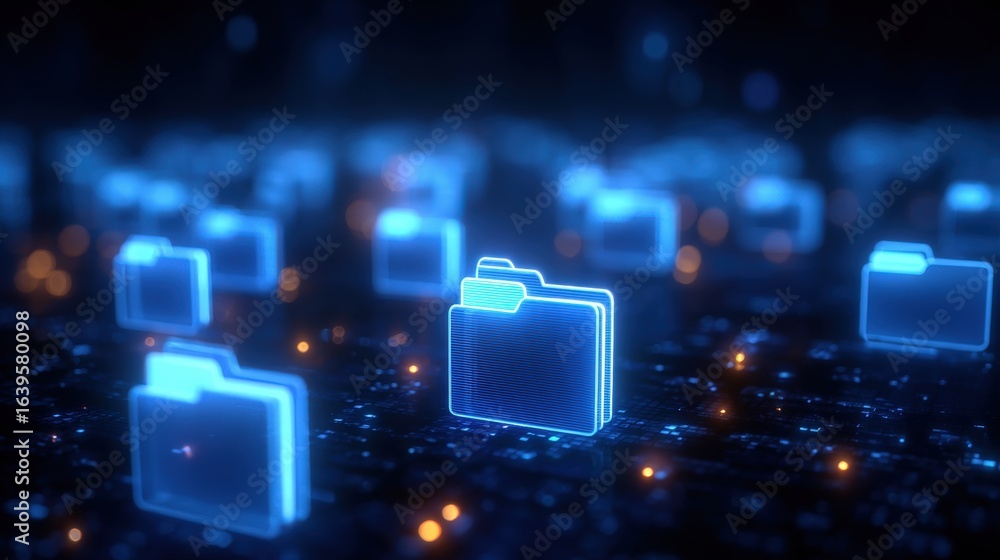 Poster abstract network grid with files and folders, futuristic software interface, digital document manage